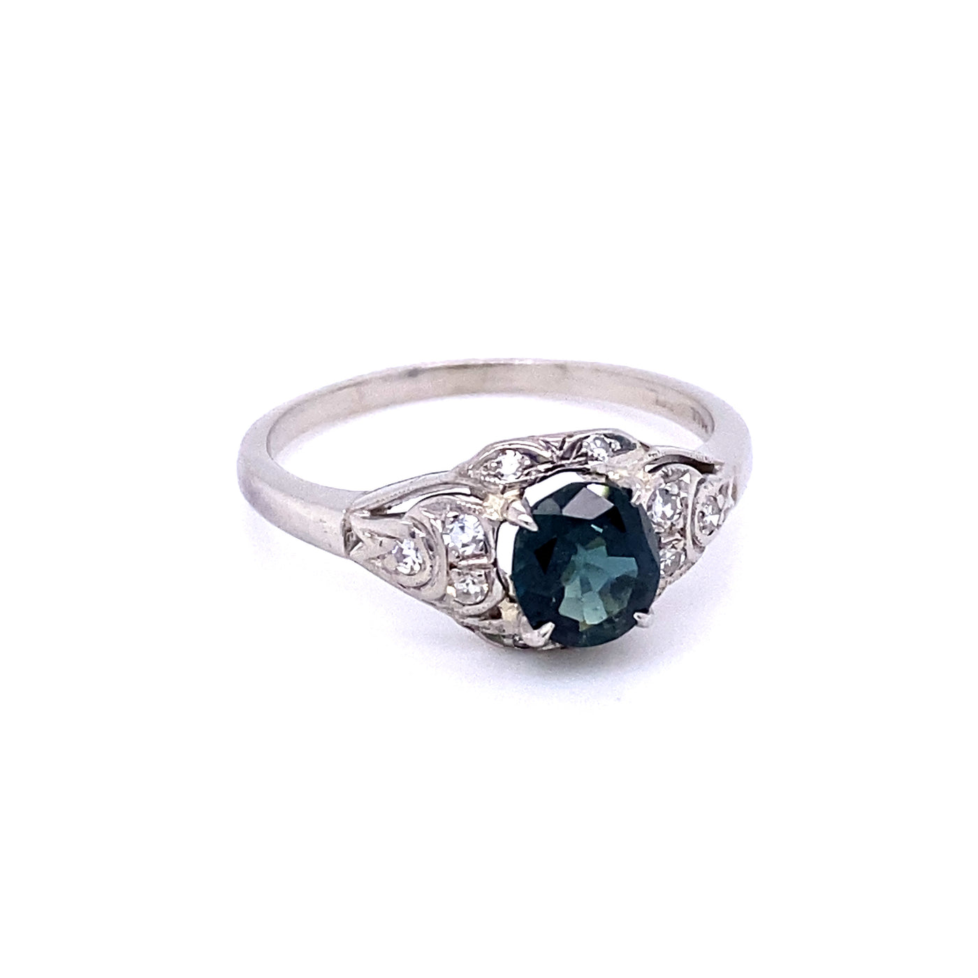 Vintage AGL Certified Greenish-Blue Sapphire Palladium Ring