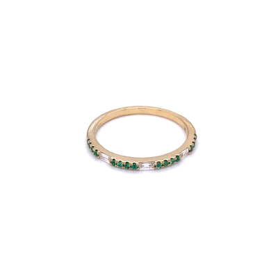 Alternating Emerald and Baguette Diamond Stacker Yellow Gold Band