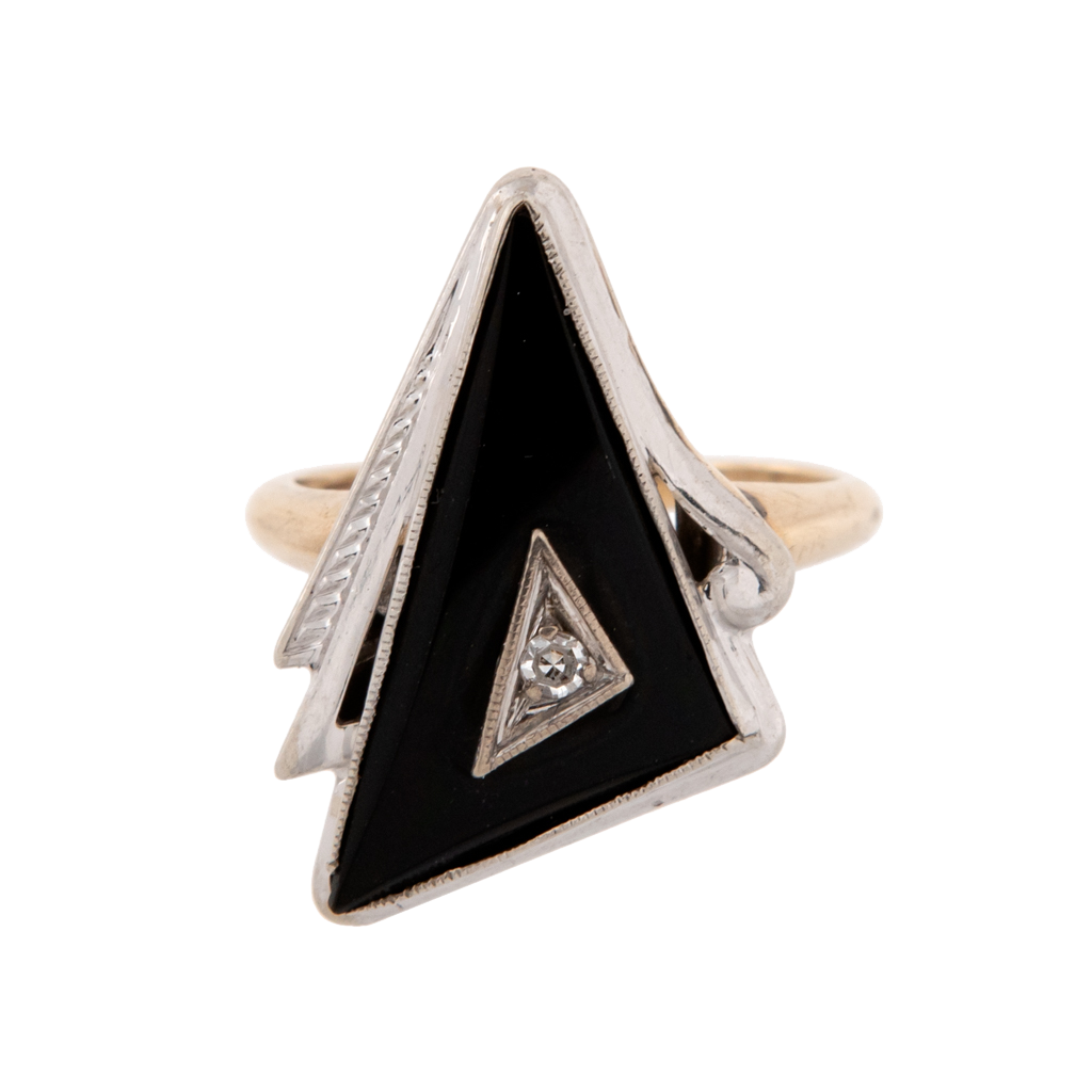 Art Deco Triangle Onyx & Diamond Two-Tone Ring