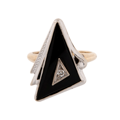 Art Deco Triangle Onyx & Diamond Two-Tone Ring