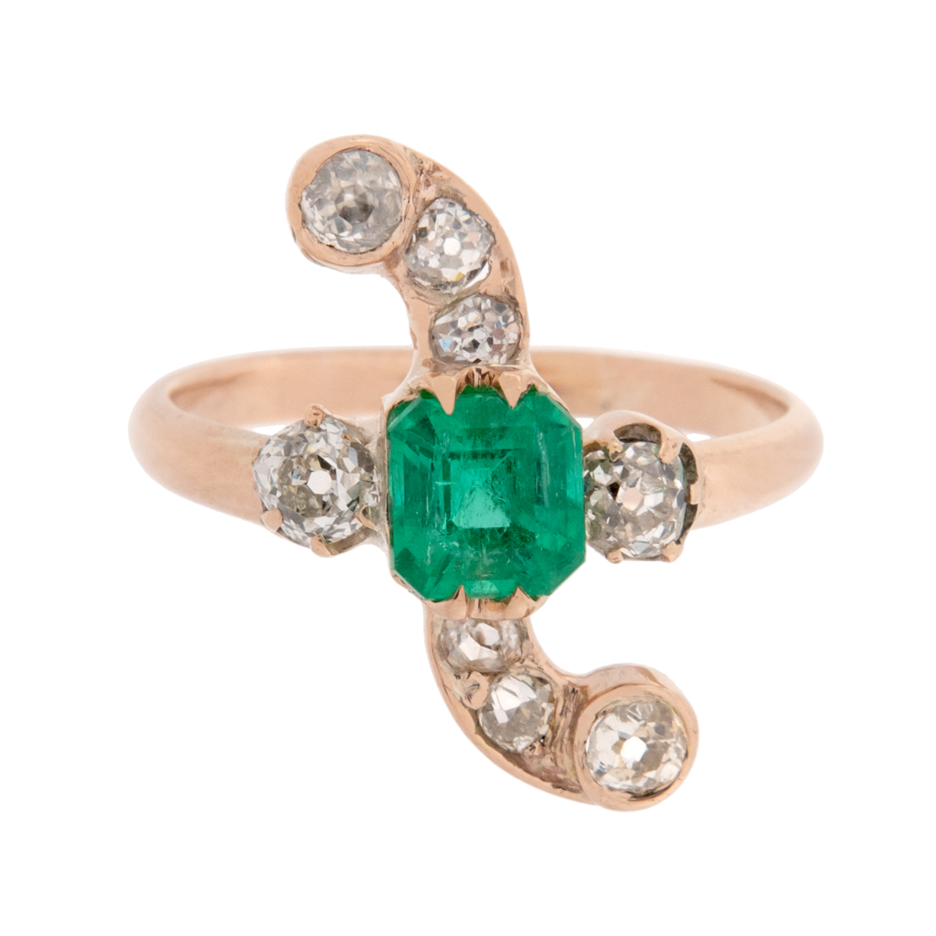 Victorian AGL Colombian Emerald and Old Mine Cut Offset Ring