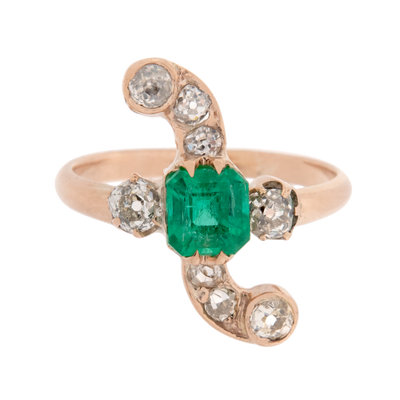 Victorian AGL Colombian Emerald and Old Mine Cut Offset Ring
