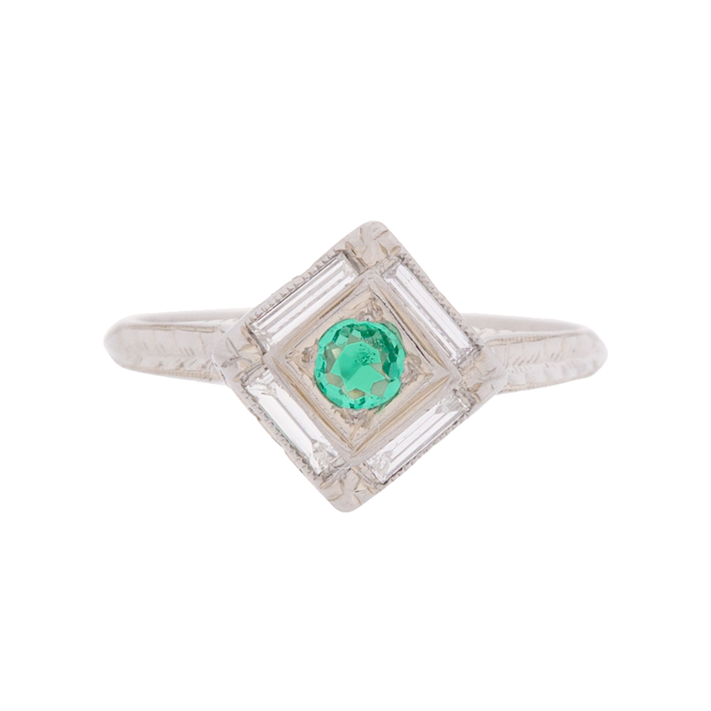 Vintage Emerald Baguette Halo Ring