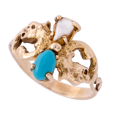 Dragon Art Nouveau Turquoise and Pearl Ring