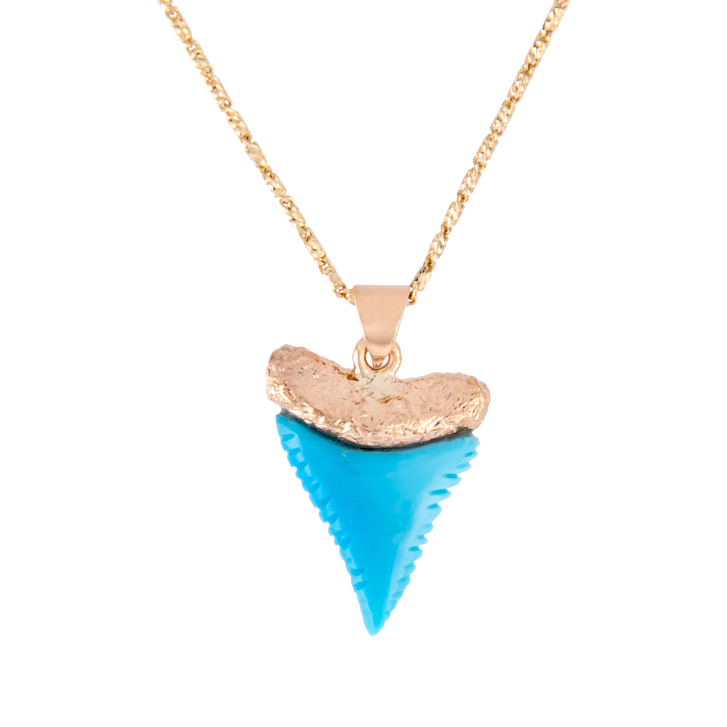 Yellow Gold Turquoise Carved Shark Tooth Pendant