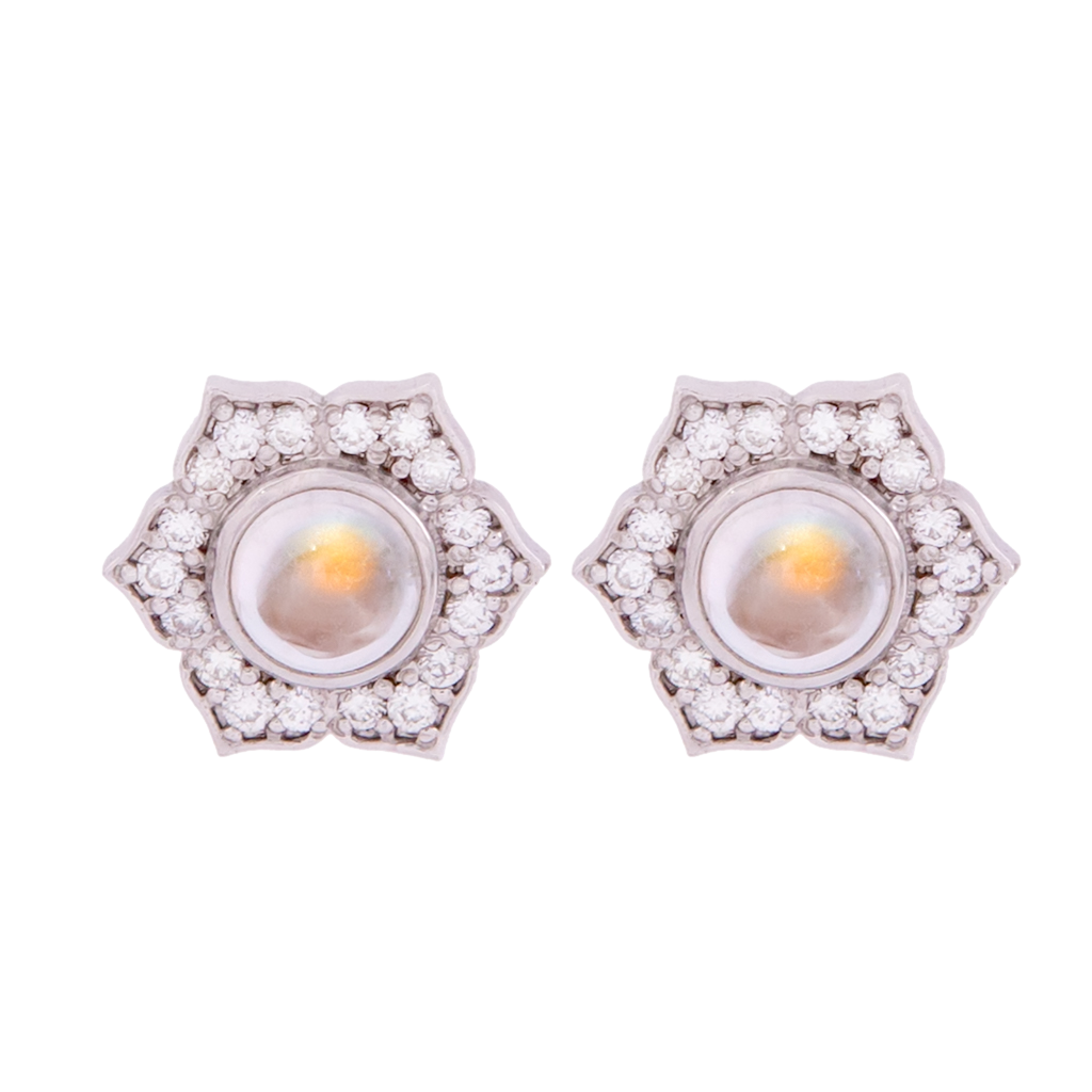 Moonstone and Diamond Lotus Stud Earrings