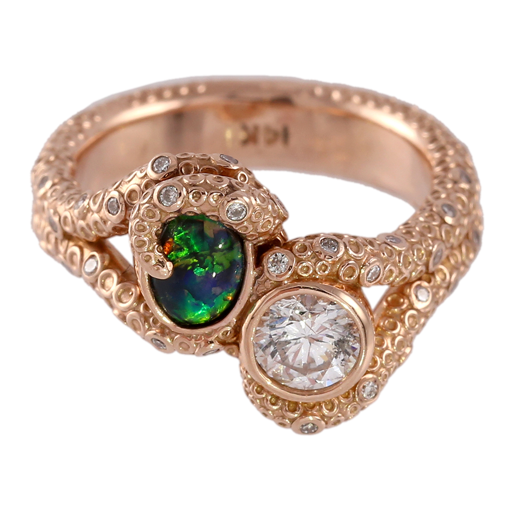 Black Opal & Diamond Octopus Ring