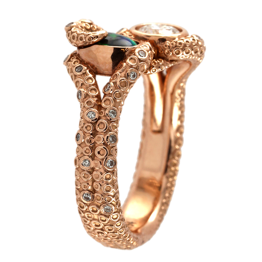 Black Opal & Diamond Octopus Ring